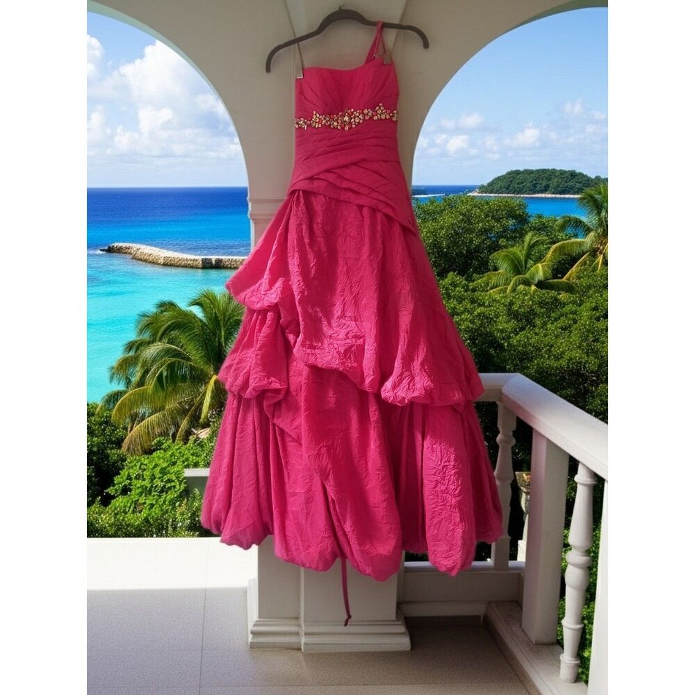 B’Dazzle Alyce Paris Bright Pink Jeweled Gown 0 | Layered Tulle Bow Back Dress